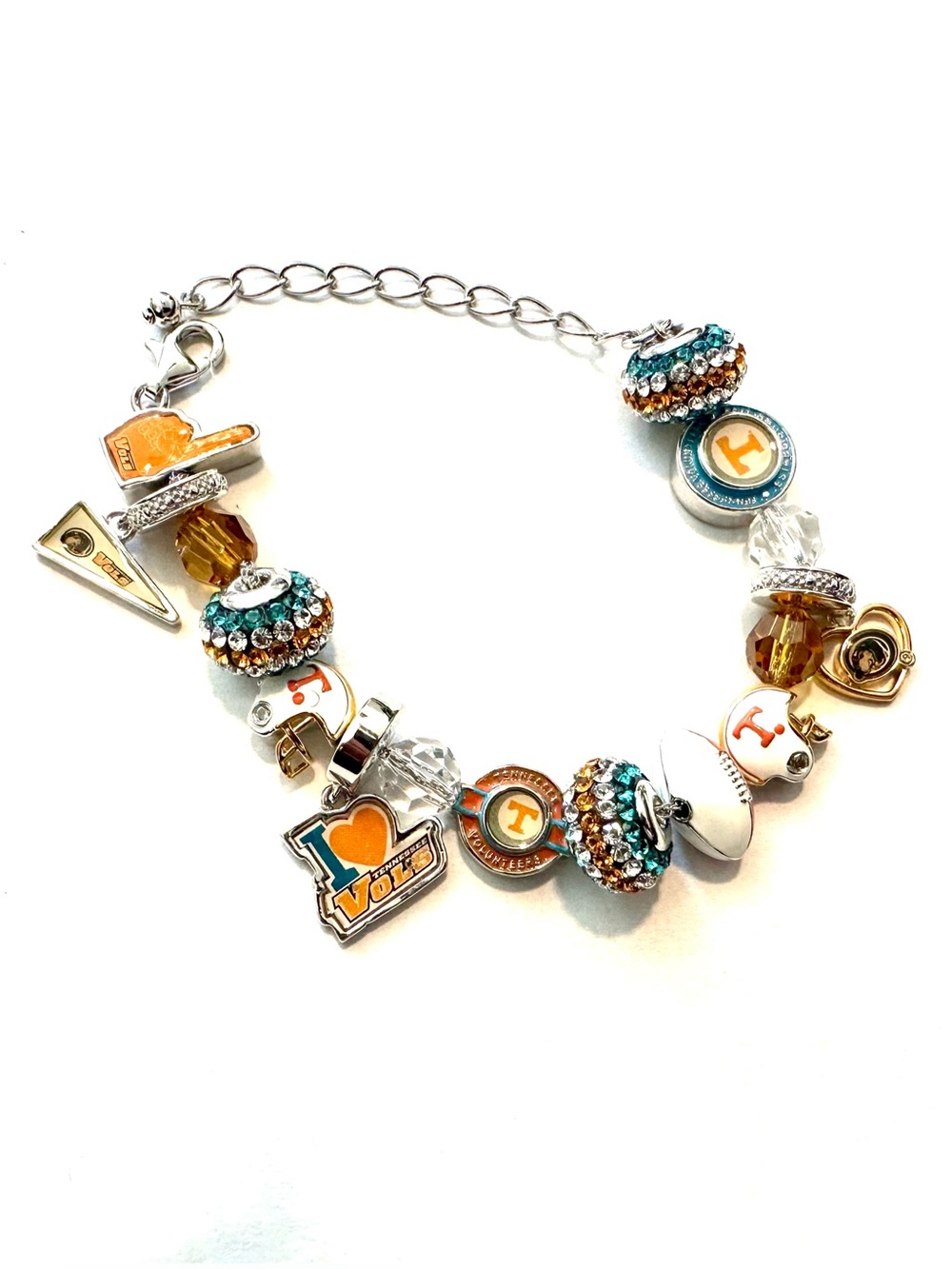 Officially Licensed beaded Tennessee Volunteers bracelet with 16 charms